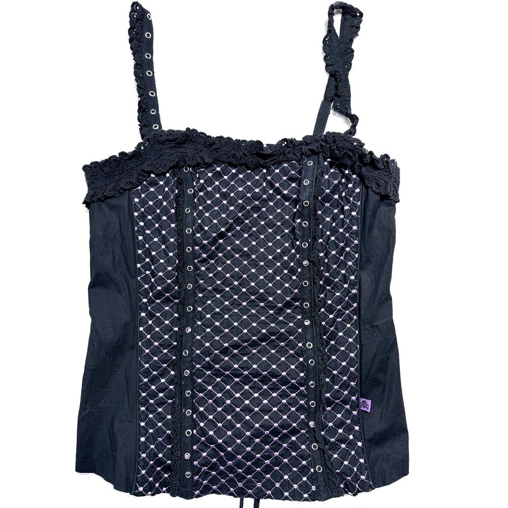 Tripp NYC Corset Top Womens LG Black Purple Grommet Lace Trim Rave Goth Punk